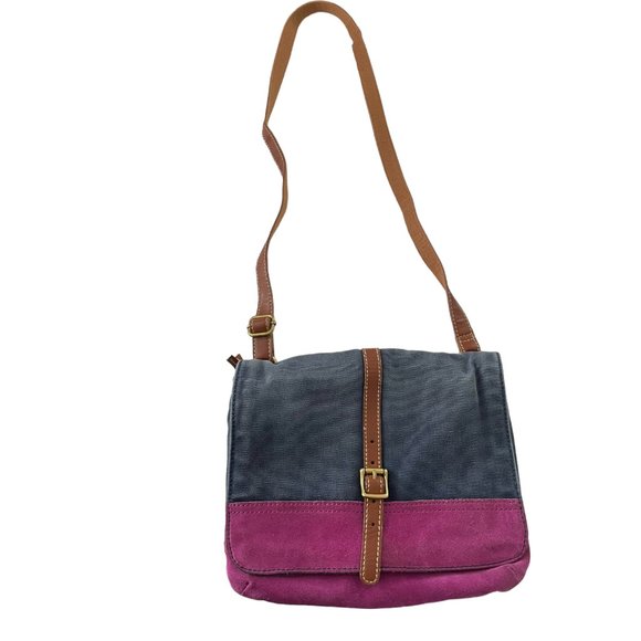 Fossil Handbags - Fossil Taylor Crossbody Purse Bag Fab Navy Magenta Purple Canvas & Suede Leather